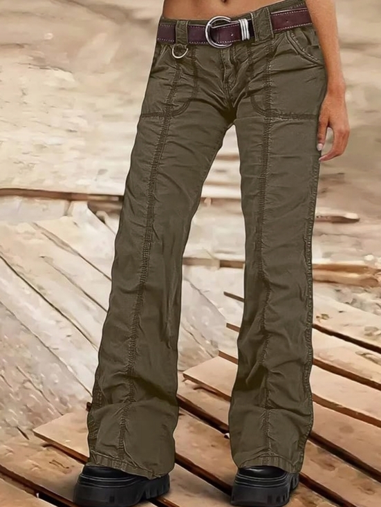 Flamingals Pants - Flamingals Mid-Rise Straight Leg Cargo Exposed Stitch Pants, Brown Med